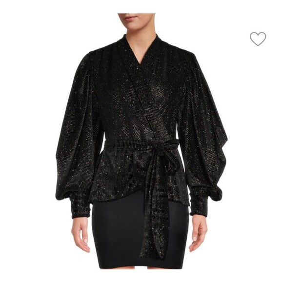 PatBO Size M Womens Long Sleeves Wrap Blouse Black Metallic New Without Tags - Picture 3 of 12